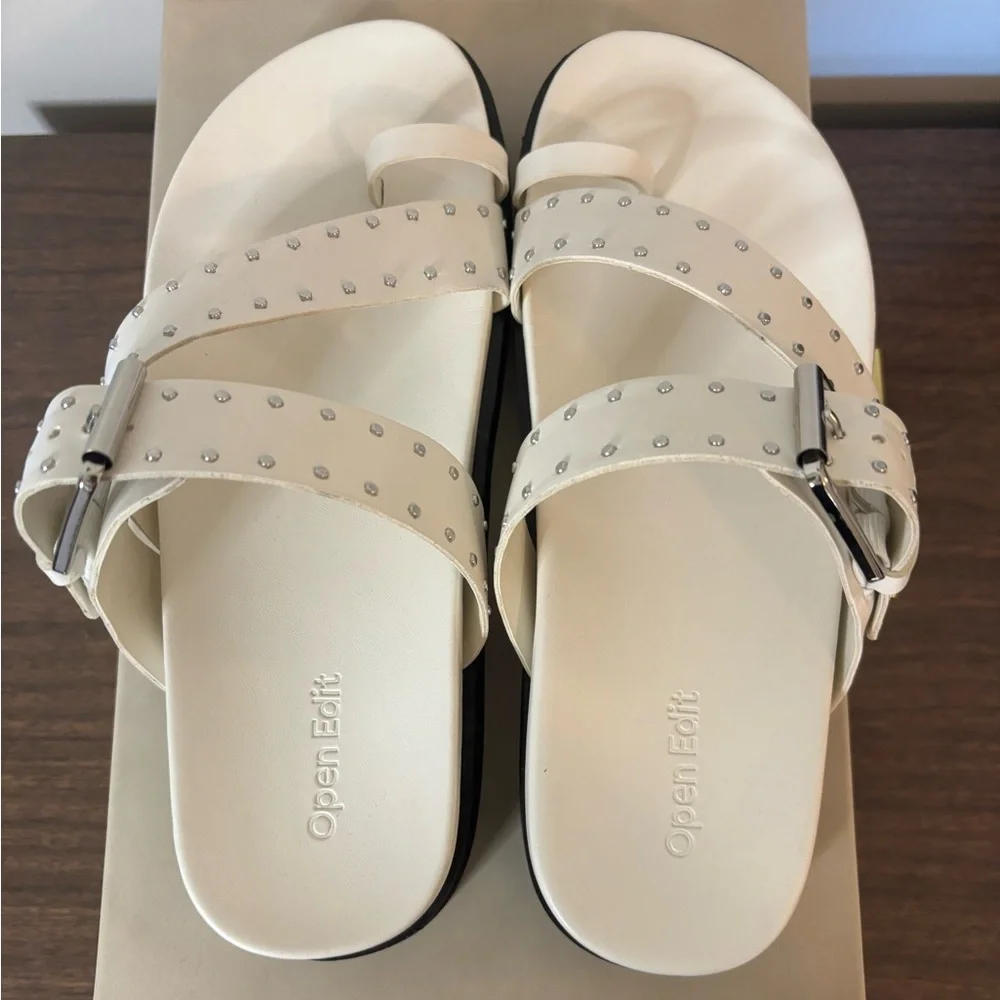 Studded Cream Toe-Loop Slide Sandal